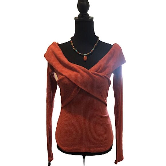 FREE PEOPLE Marley Off The Shoulder Cross Over Long Sleeve Ribbed Knit Sz Small - Picture 8 of 13